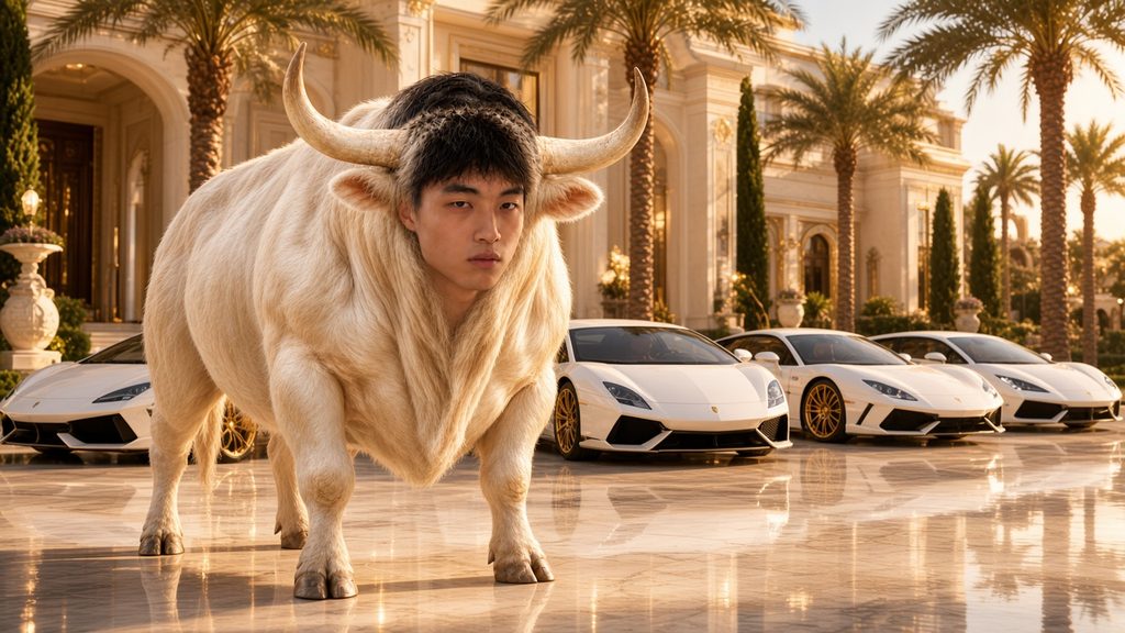 The bull in front of a lineup of white supercars